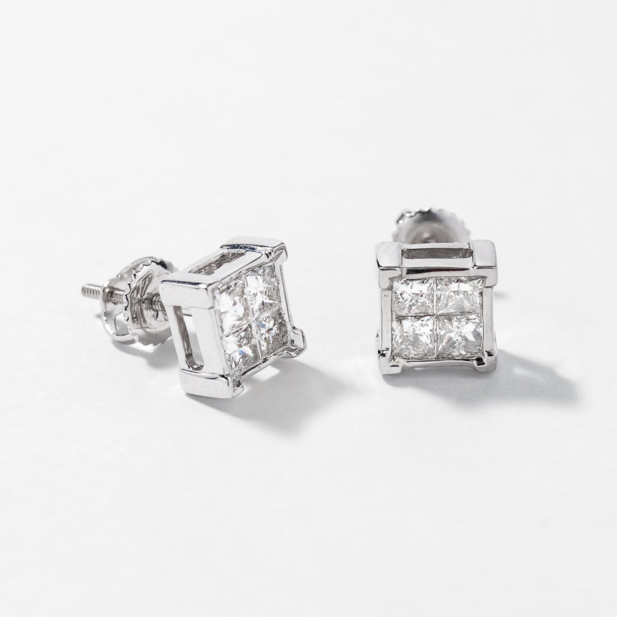 Princess Cut Diamond Cluster Stud Earrings in 14K White Gold (0.75 ct tw)