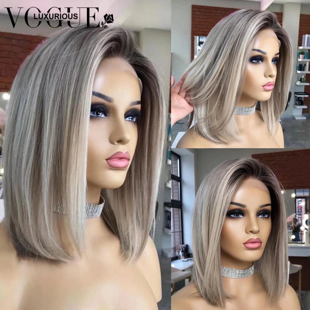 Ash Blonde Bob, Wear & Go Wigs - Lace Front Human Hair Wigs, Glueless 4x4/13x6 Grey Brown Highlights, 180%