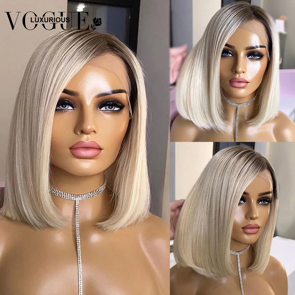 Ash Blonde Bob, Wear & Go Wigs - Lace Front Human Hair Wigs, Glueless 4x4/13x6 Grey Brown Highlights, 180%