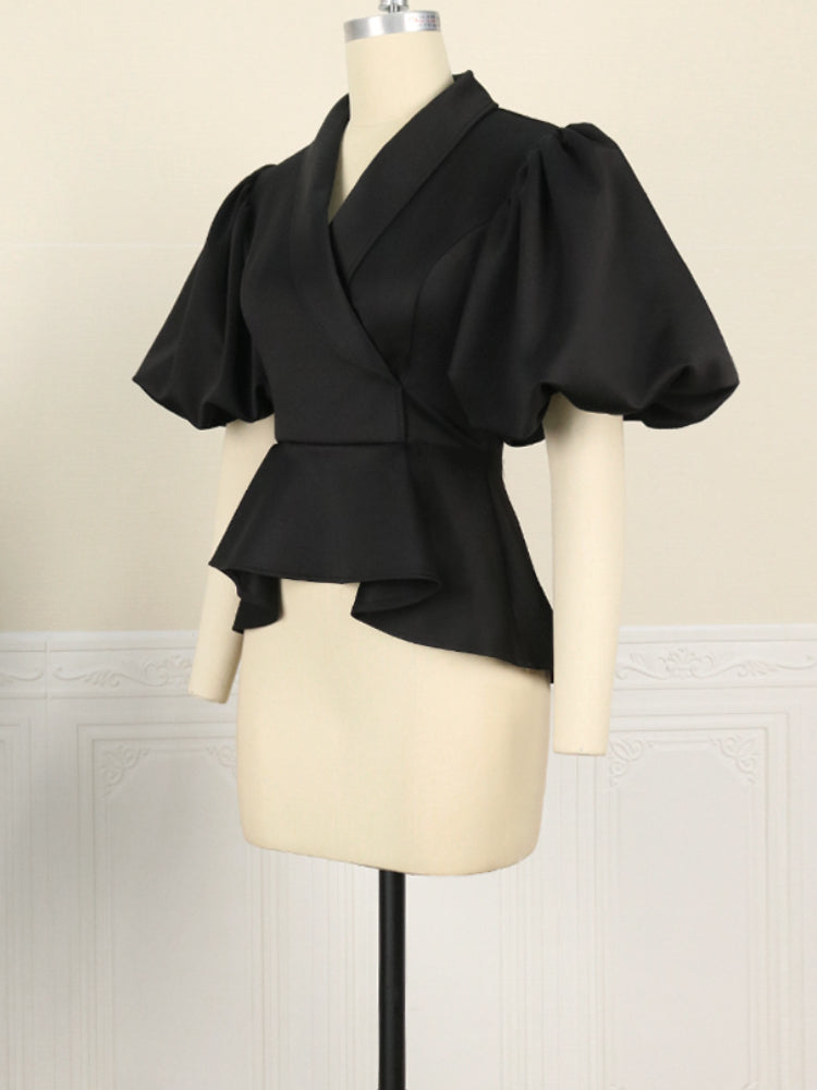 Elegant V Neck Puff Sleeve Black Blouse