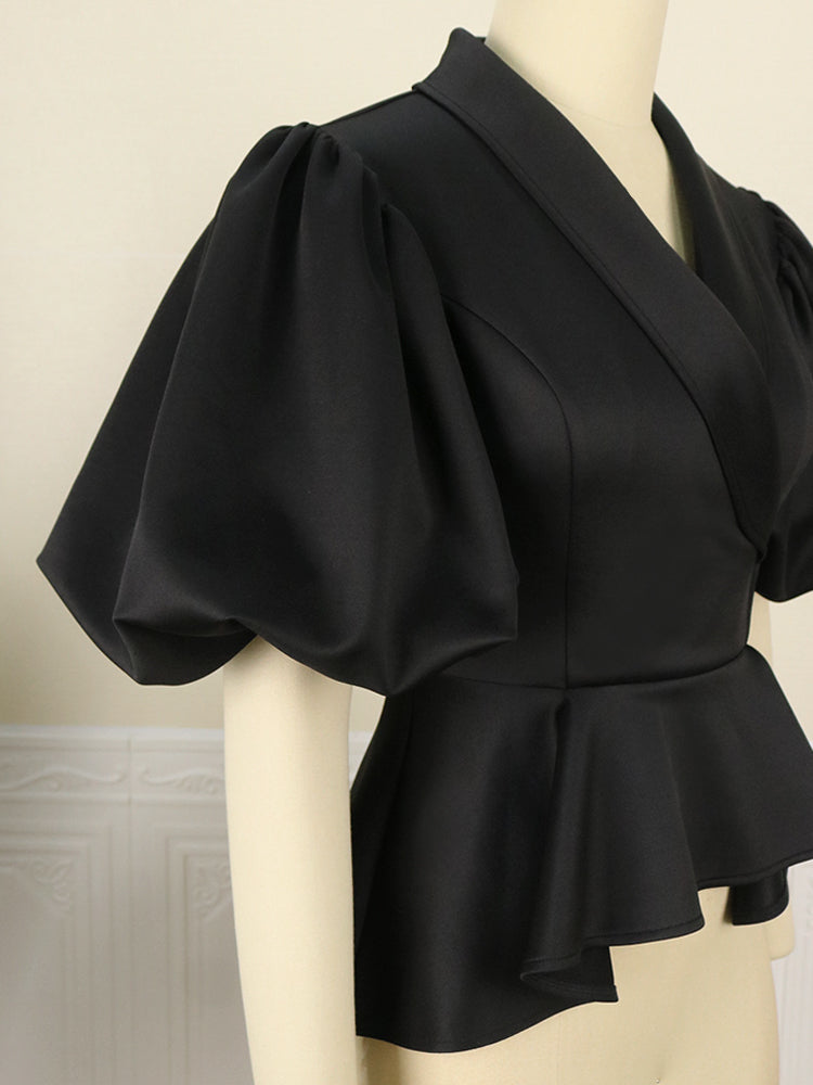 Elegant V Neck Puff Sleeve Black Blouse