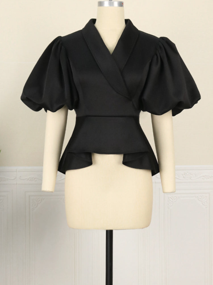 Elegant V Neck Puff Sleeve Black Blouse