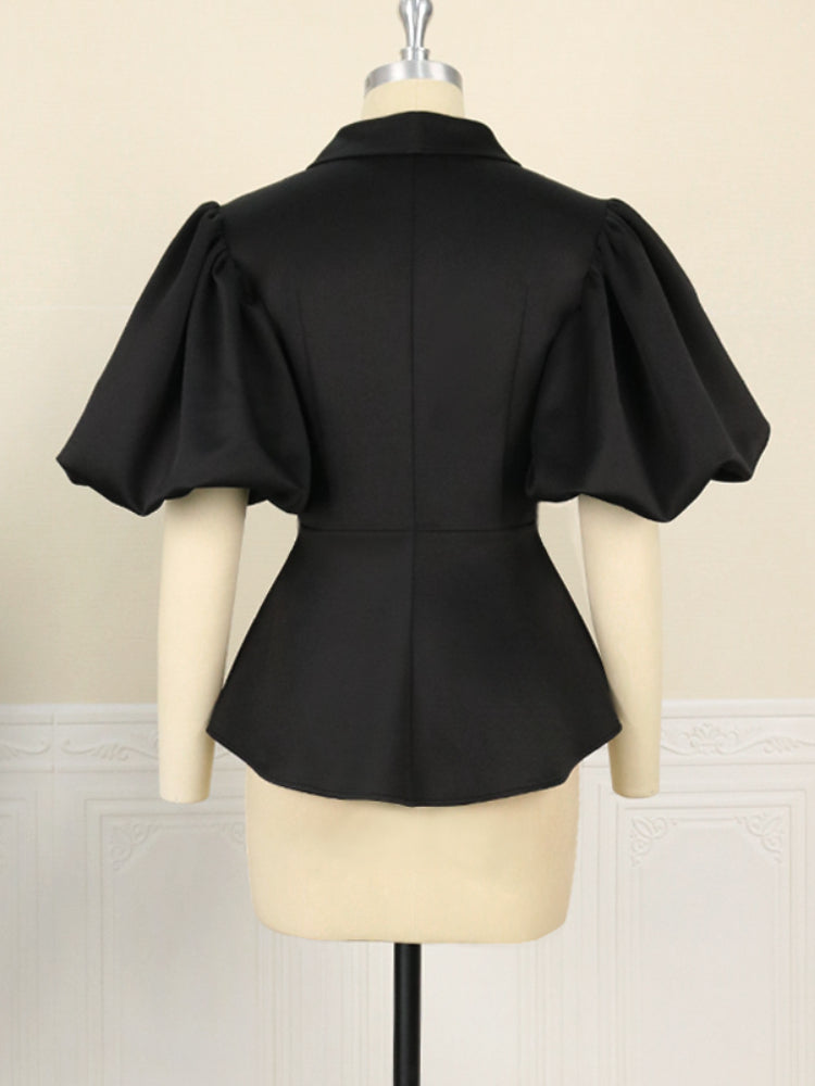 Elegant V Neck Puff Sleeve Black Blouse