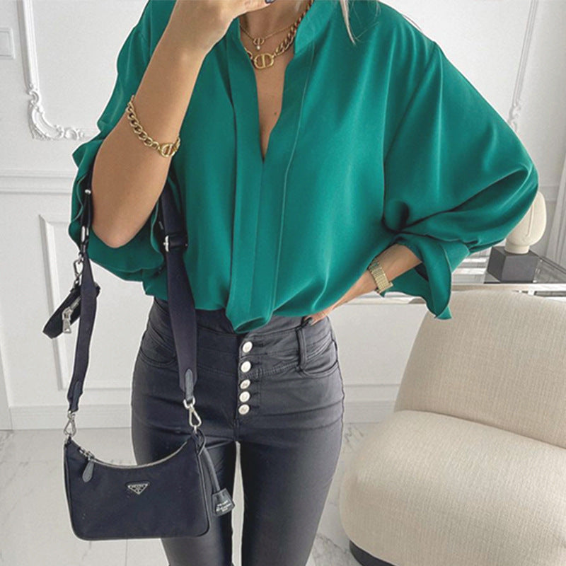 Luxury Suave V-Neck Long Fare Sleeve Loose Blouse