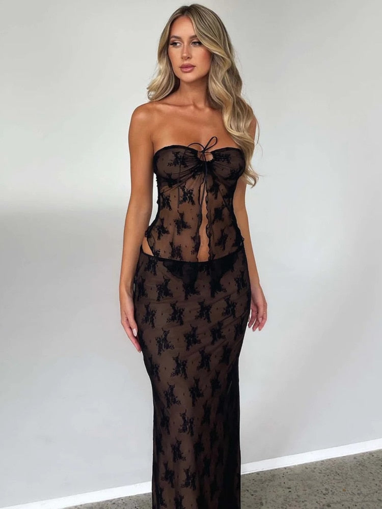 Lace Two Piece Strapless Crop Top And Long Skirt Set