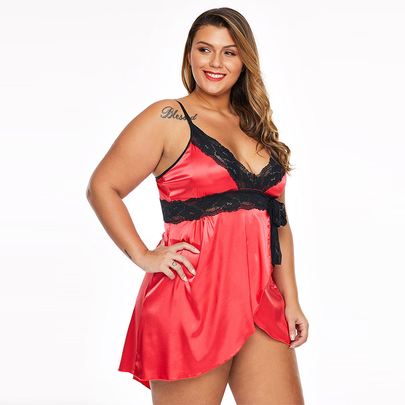 Plus Size Lace Satin Baby-doll Sleeveless V-neck Sexy Lingerie Set