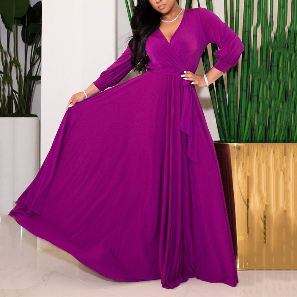 Elegant High Waist Plus Size Full V Neck A-Line Floor Length Evening Dress