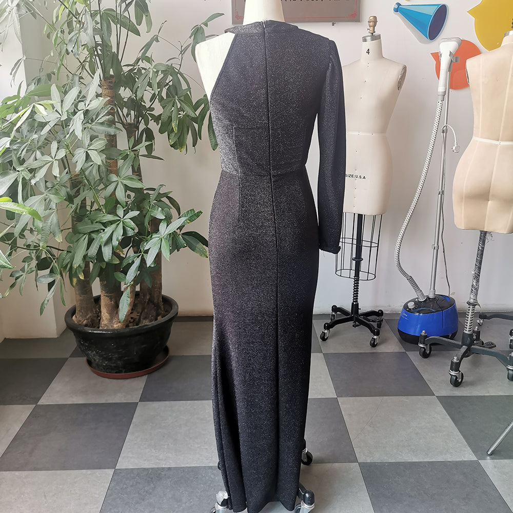 High-end Shoulder Side Split Glossy Floor Length Dress