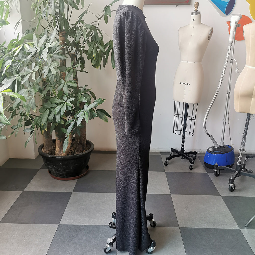 High-end Shoulder Side Split Glossy Floor Length Dress