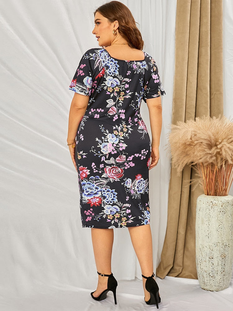 Elegant Plus Size Short Sleeve Slim Fit Midi Evening Dress