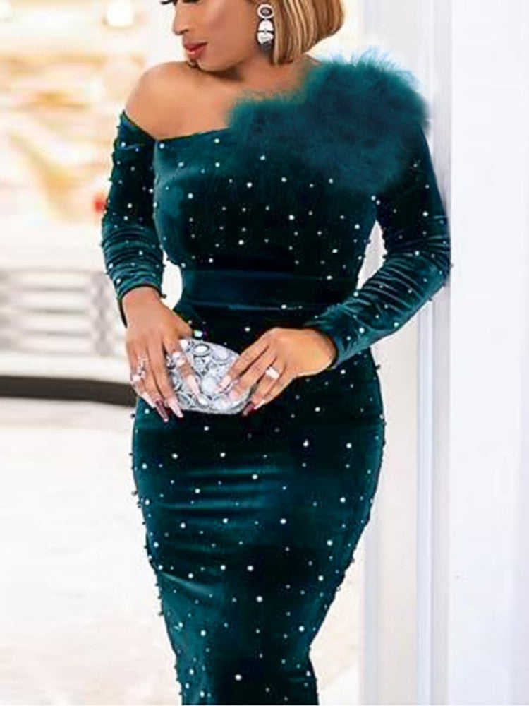 High-end Velvet Feather Shiny Sequin Evening Gown