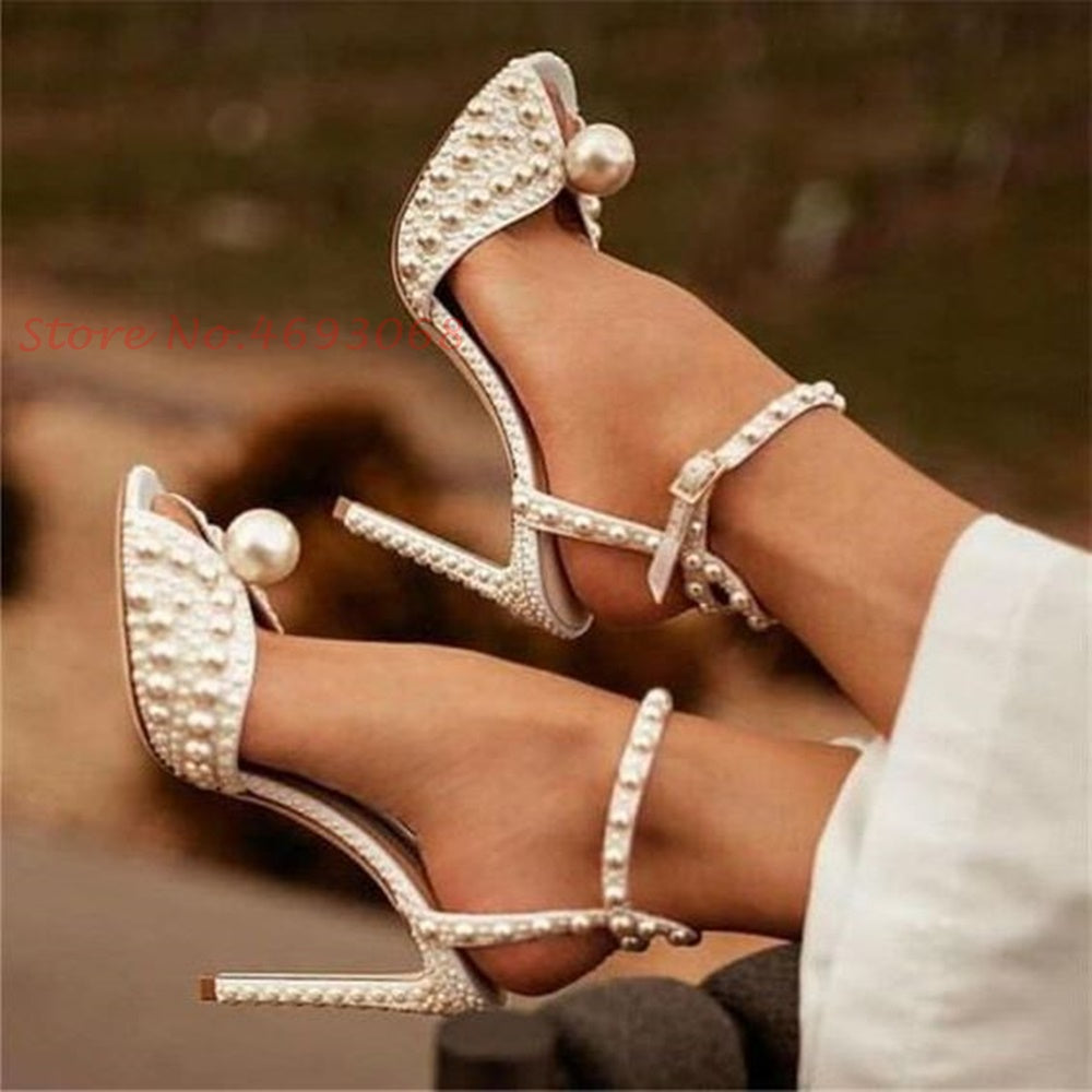 Peep Toe Pearl Ankle Wrap High Heels