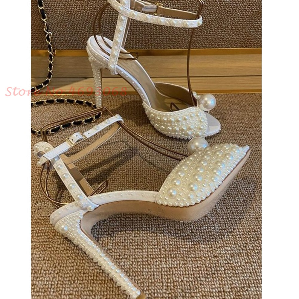 Peep Toe Pearl Ankle Wrap High Heels