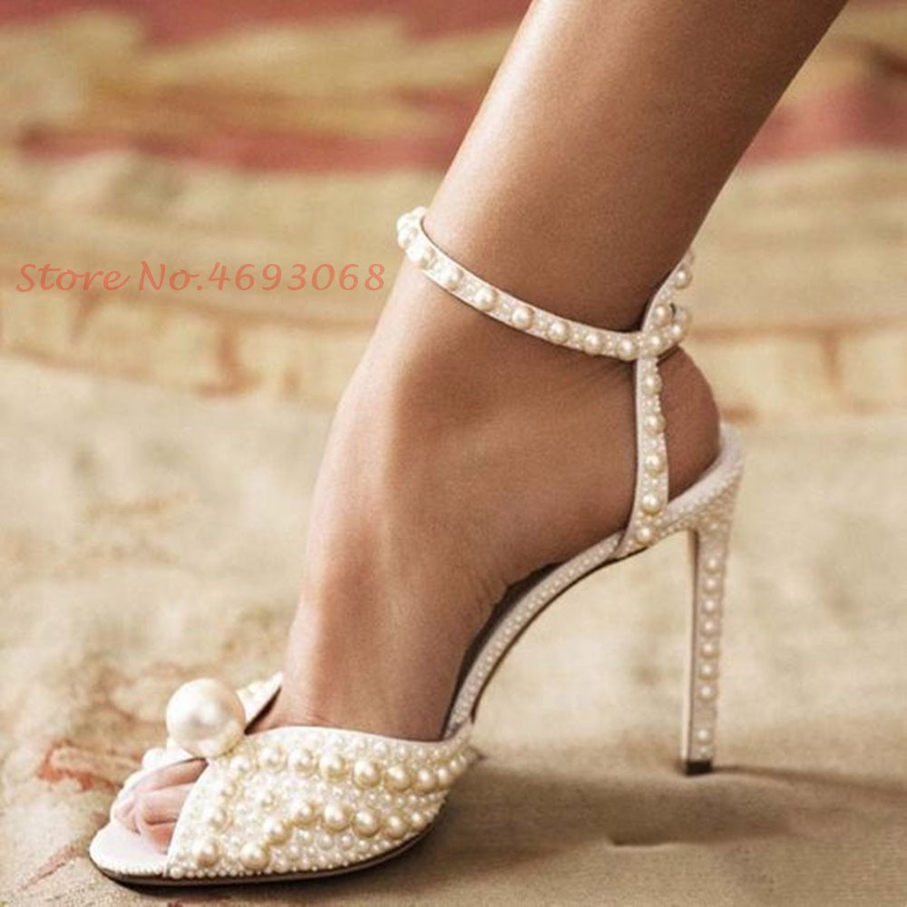 Peep Toe Pearl Ankle Wrap High Heels