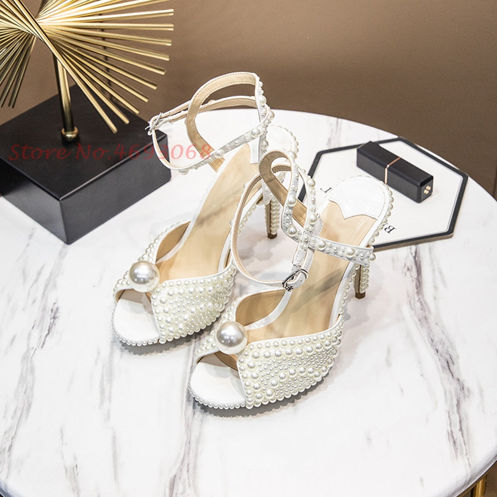 Peep Toe Pearl Ankle Wrap High Heels