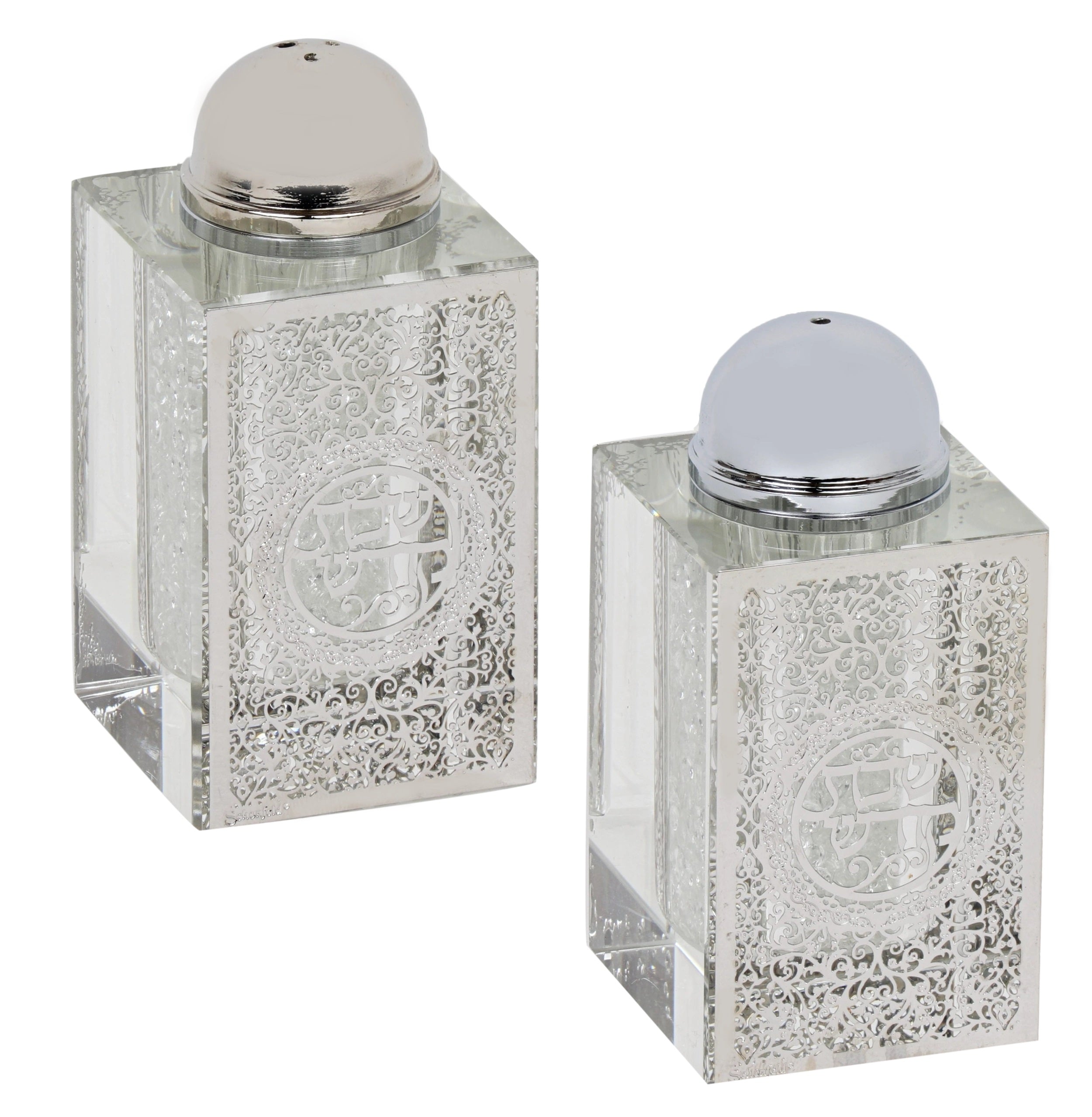 A&M Judaica Crystal Salt And Pepper Shaker Set Broken Glass & Shabbat Kodesh Silver Design 3