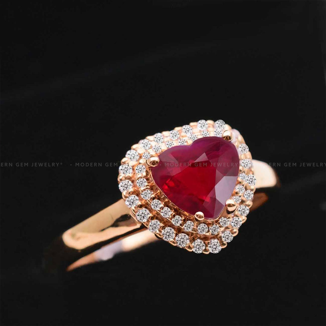Ruby Rings in 18K Rose Gold | Heart Shape Ruby and Diamonds Ring | Modern Gem Jewelry