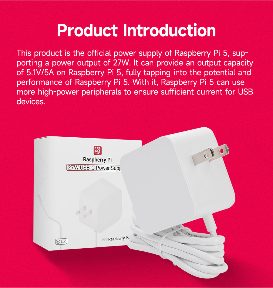 Bloc d'alimentation Officiel Raspberry Pi 5 USB-C 27 W, USB-C