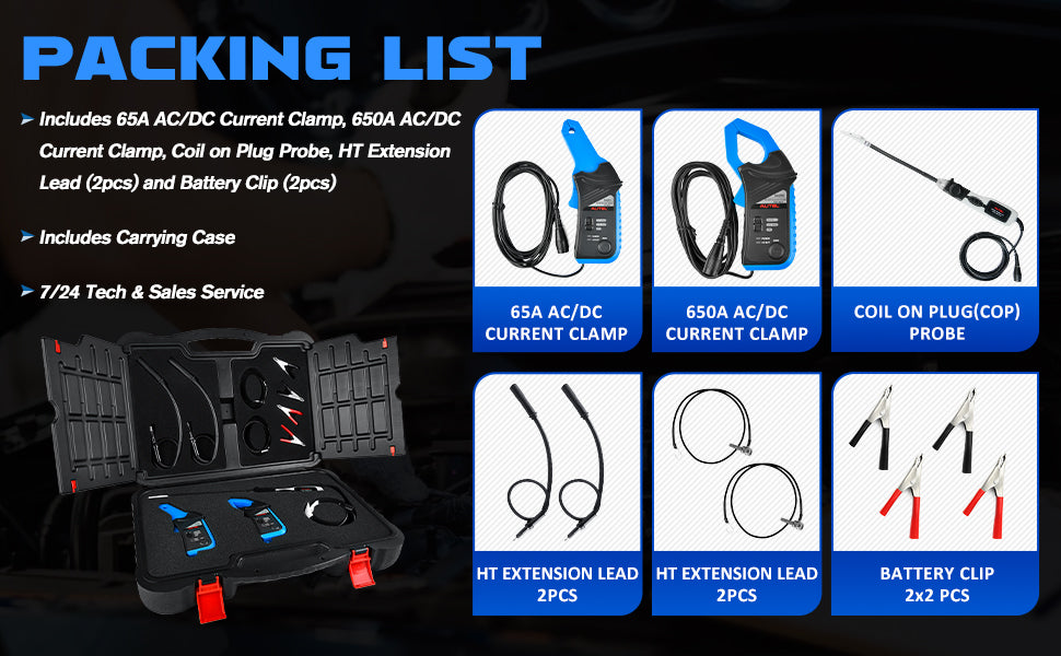 Autel MaxiSYS MSOAK Oscilloscope Accessory Kit includes the 65A AC/DC Current Clamp, 650A AC/DC Current Clamp, Coil On Plug Probe, HT Extension Lead (2pcs) and Battery Clip (2pcs), within a blow-molded carrying case