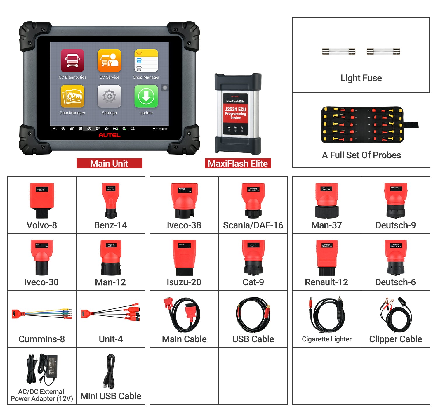 Autel MS908CV Scanner Maxisys CV Heavy Duty Truck Diagnostic Tool package display