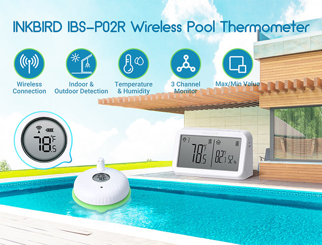 INKBIRD IBS-P01R Set:2 Units of Wireless Pool Thermometers Transmitters  With 1 Unit of Temperature & Humidity Receiver Easy Read