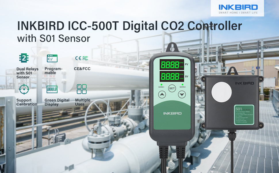 with CO2 Sensor for Agricultural CO2 Controller + B01 Sensor Inkbird ICC-500T CO2 Controller CO2 Meter Carbon Dioxide Controller for Grow Room and CO2 Generator