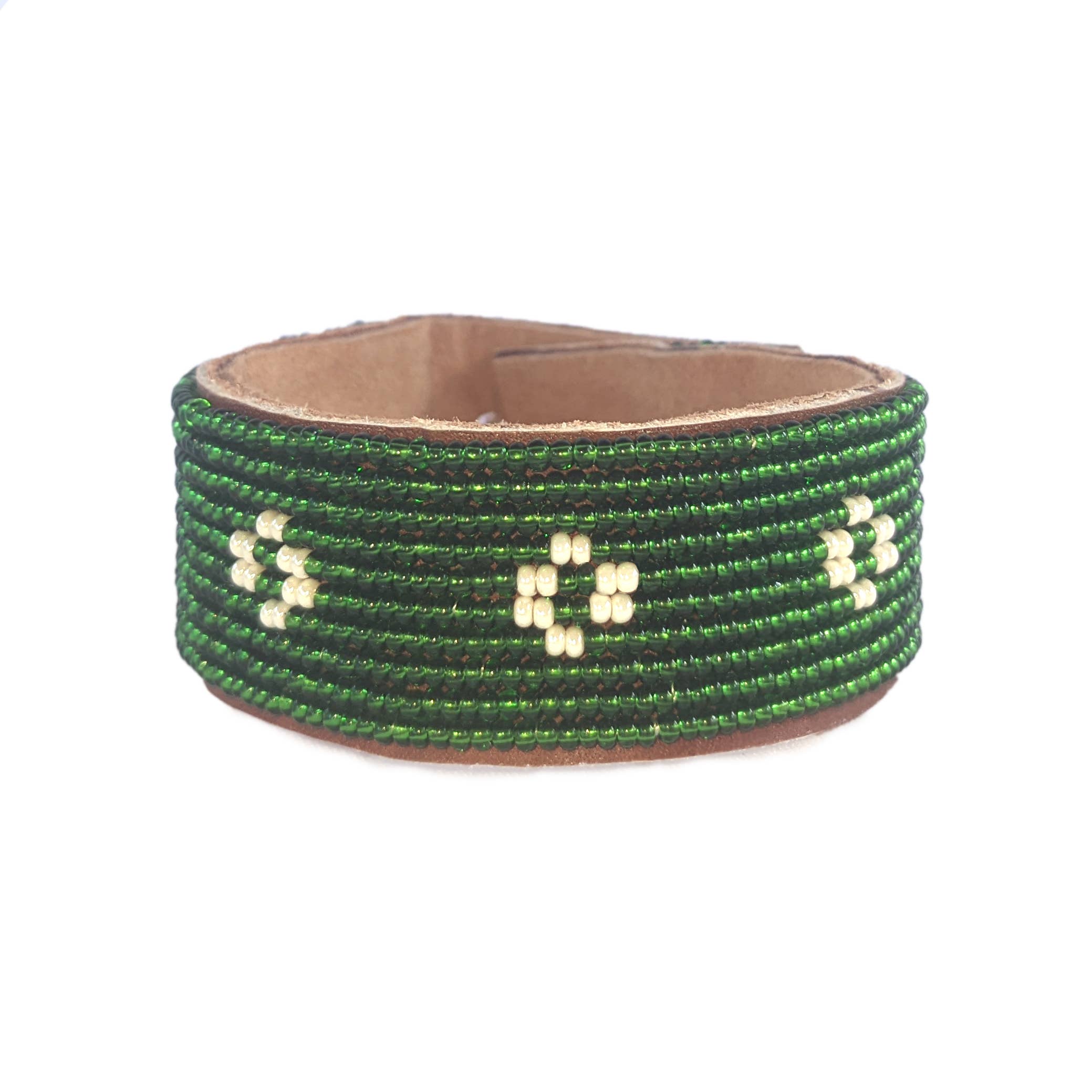 Medium Diamond Dark Green and Pearl Beaded Leather Cuff