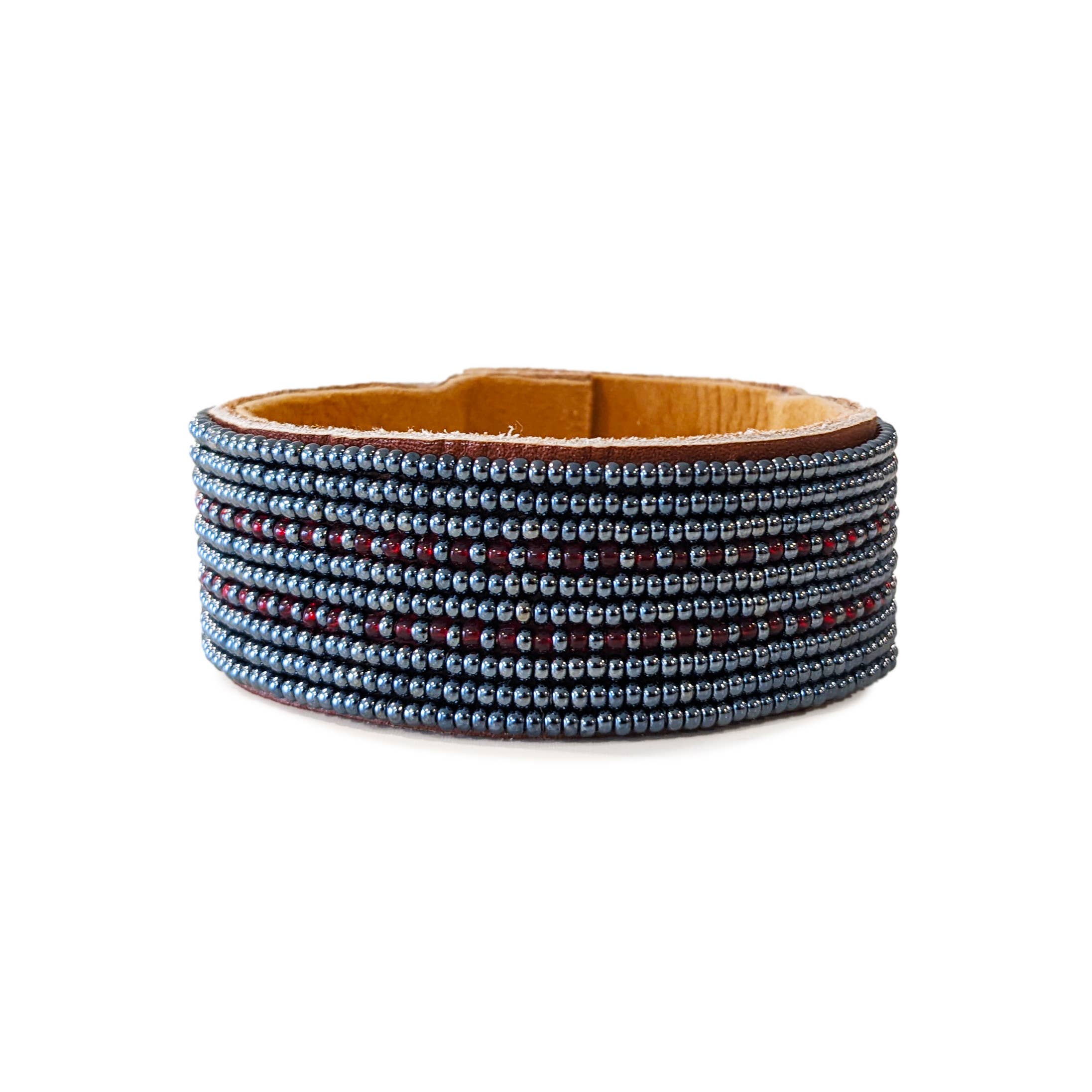 Medium Dashes Garnet and Slate Beaded Leather Cuff