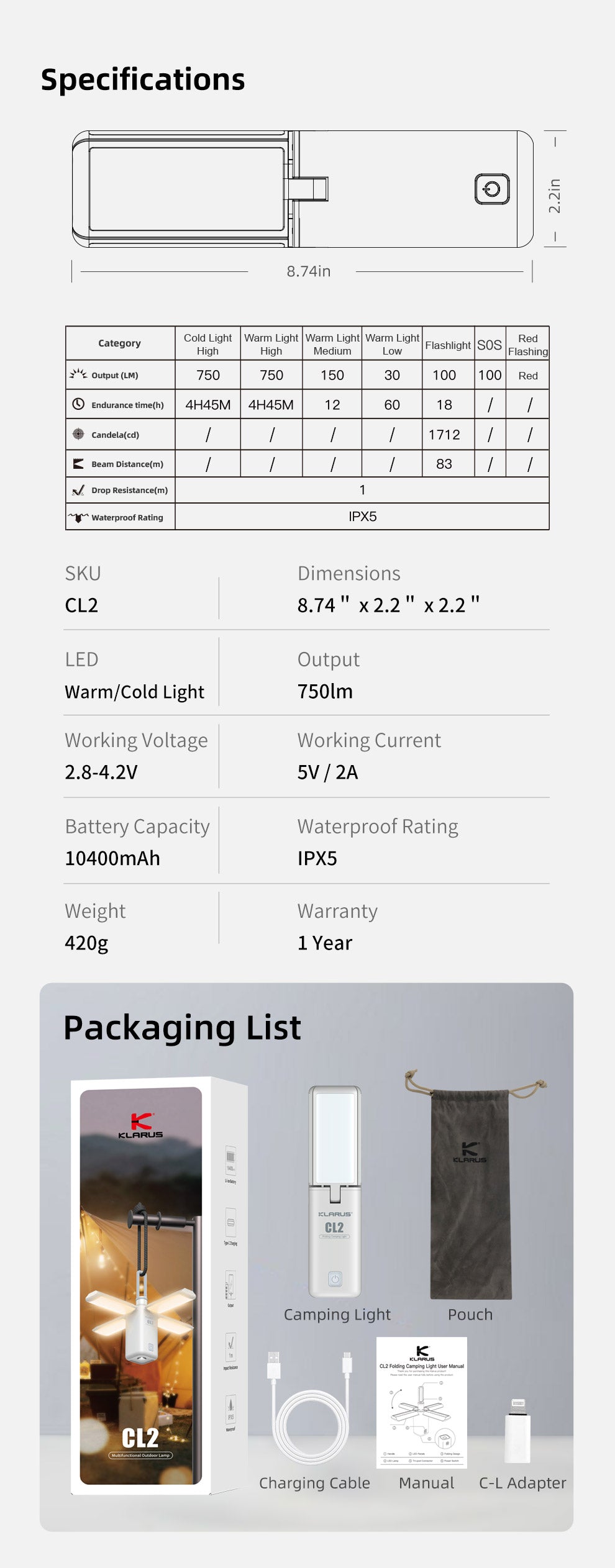 Verpackungsliste Camping Light Pouch Ladekabel Handbuch C-L Adapter