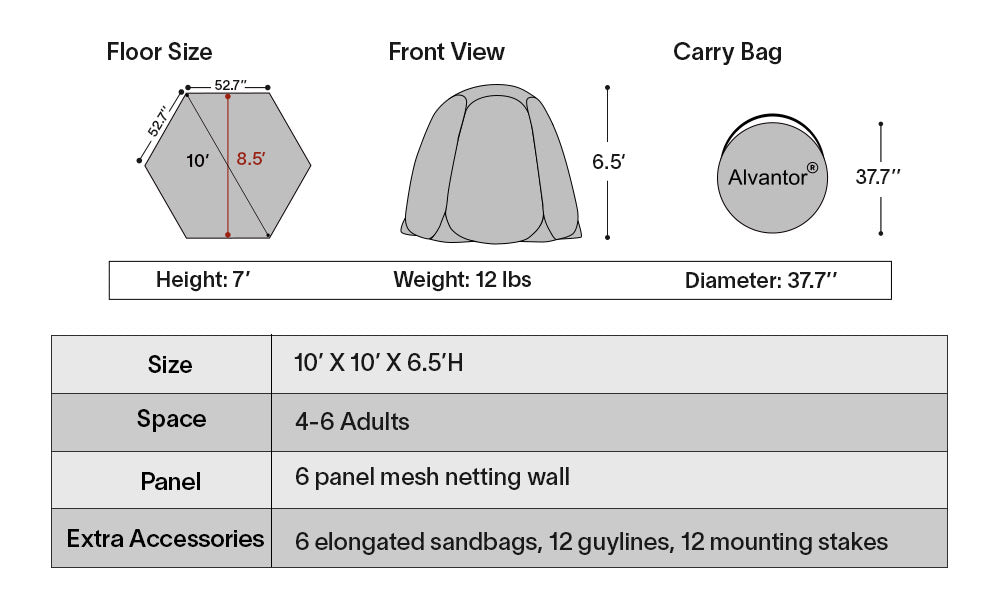 alvantor pop up screened gazebo size chart