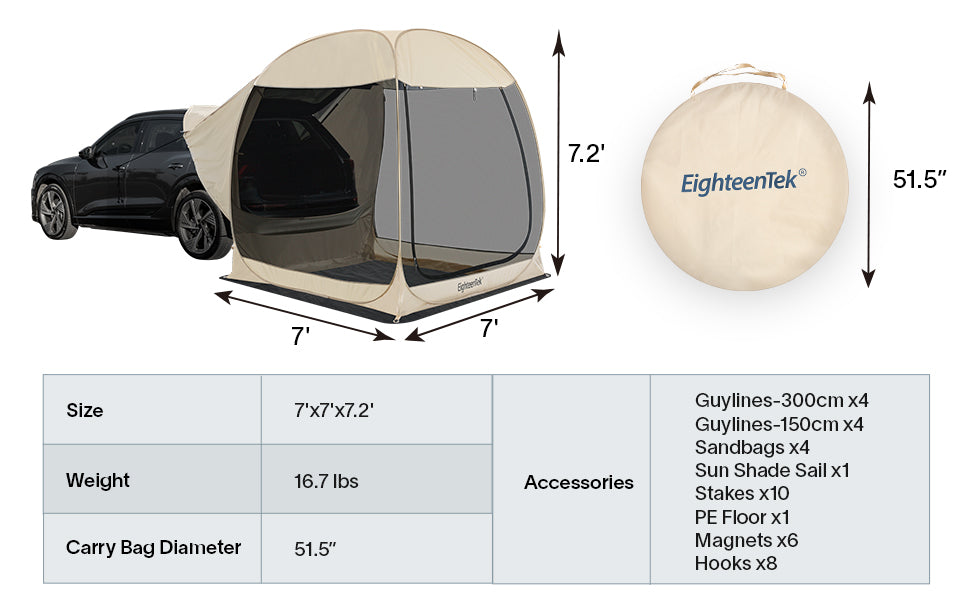 eighteentek pop up SUV tent size chart
