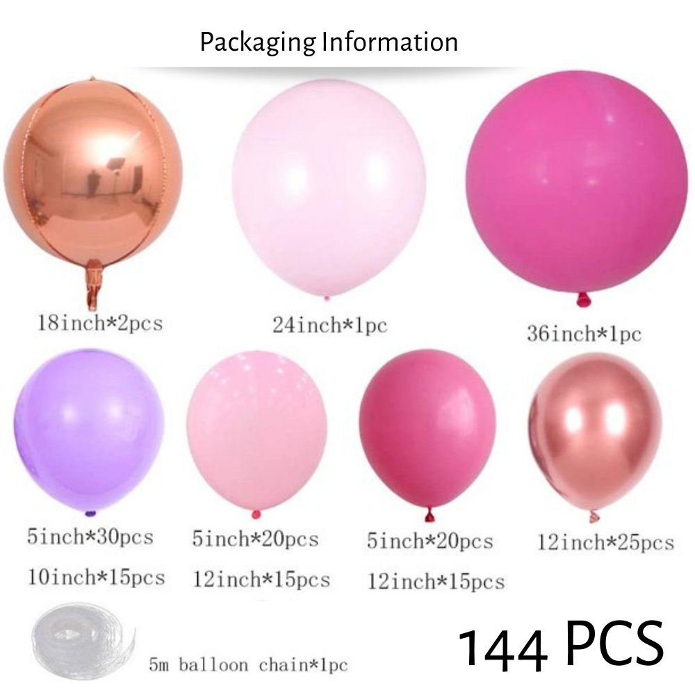 Pink & Purple With Rose Gold Colourful Latex & Foil Balloon Arch Kit 144 PCS