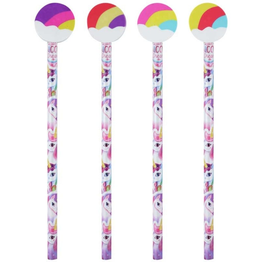 4 Pack Of Unicorn Stationery Pencils With Colourful Rainbow Eraser