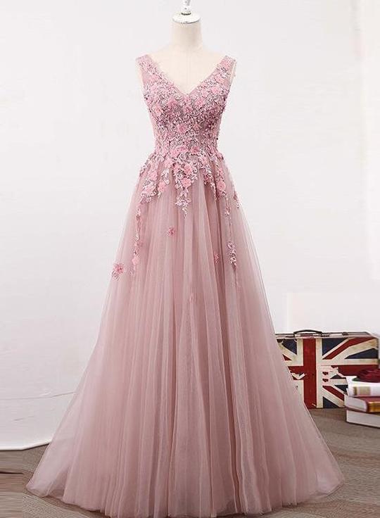 Pink Tulle Floral Long Prom Dress