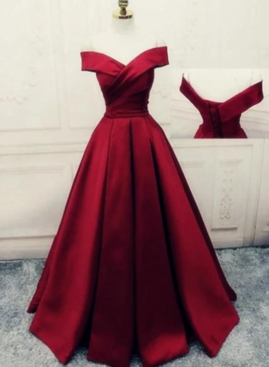 Red Satin Off Shoulder Long Prom Dress