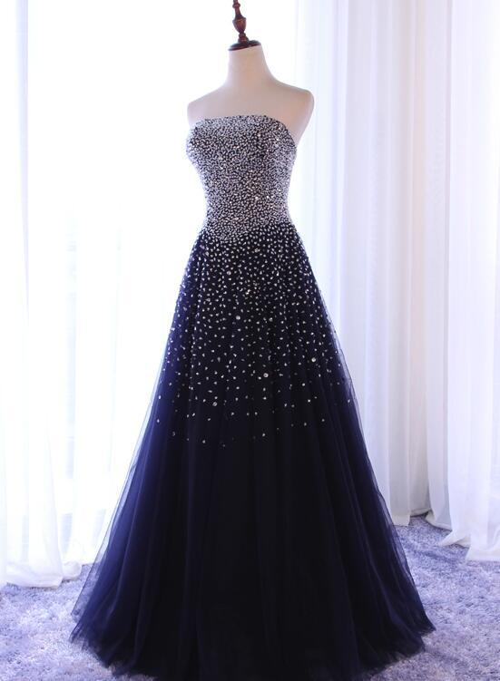 Navy blue Sequins Tulle Long Prom Dress