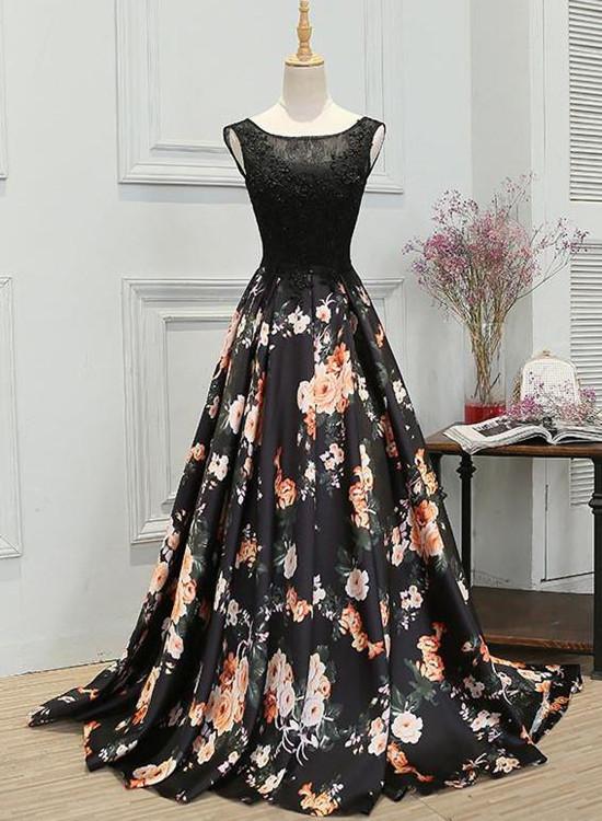 Black Floral Satin Long Party Dress