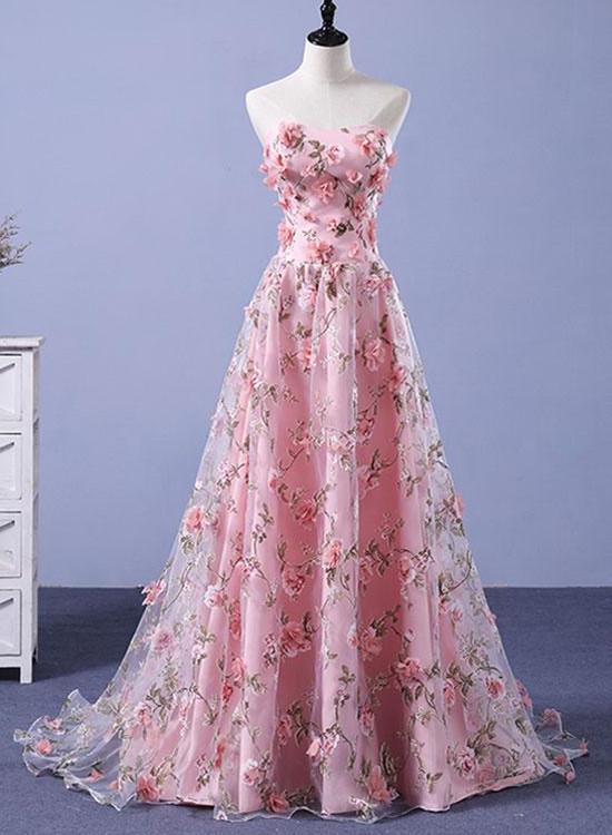Pink Floral Lace Long Party Dress