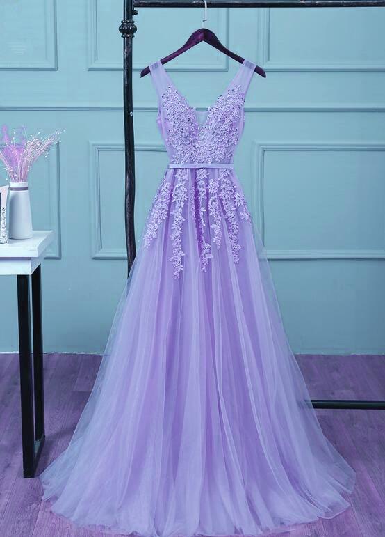 Lavender Tulle Long Prom Dress