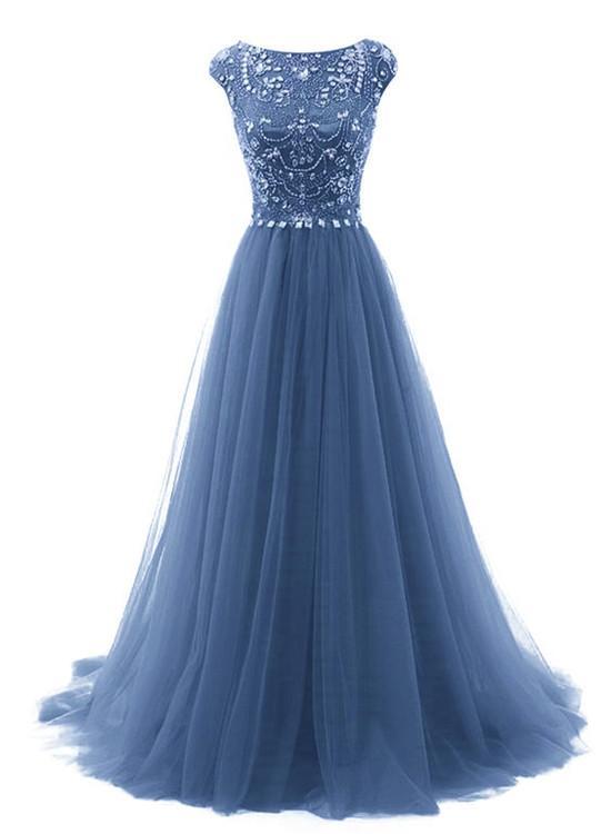 Blue Beaded Cap Sleeves Gown