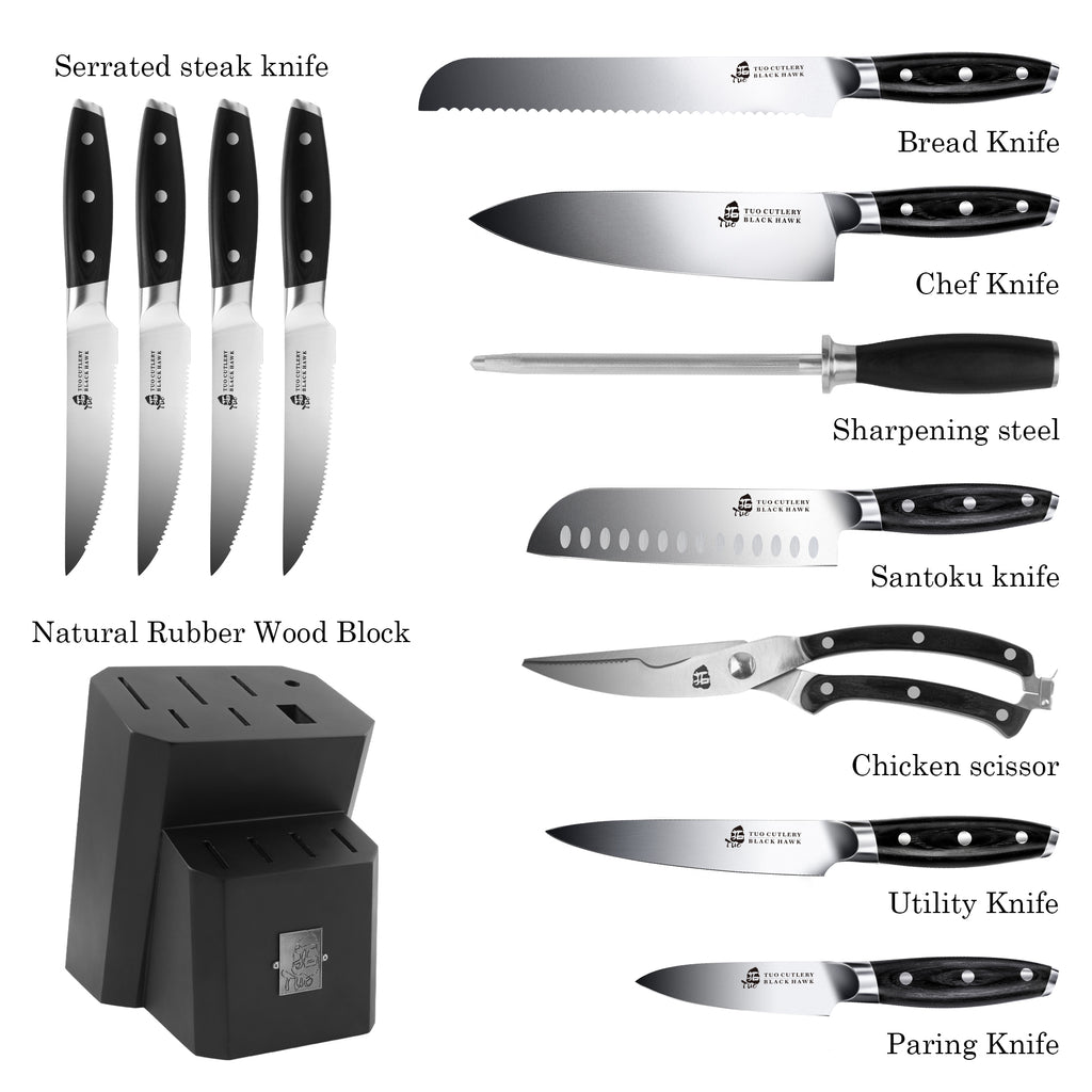 Tuo Cutlery, Knife Set, Wooden Block, Professional and Classic Chef Knife Set, Multipurpose Knife, Premium High Carbon Stainless Steel, Full Tang, Ergonomics handle, Kitchen Knives, Kitchenware, Cookware