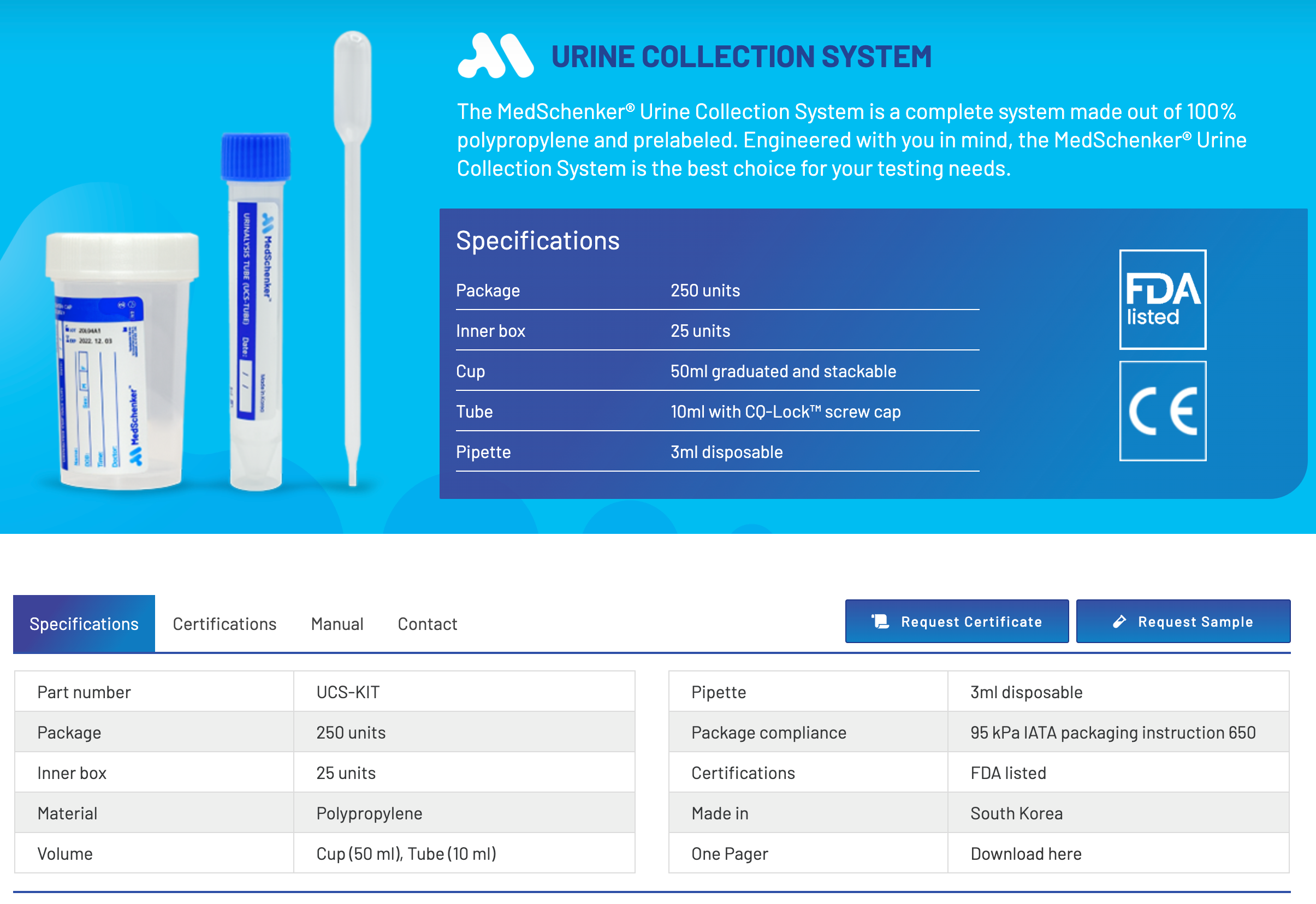 URINE COLLECTION SYSTEM, Cup, Pipette & Tube, FDA listed