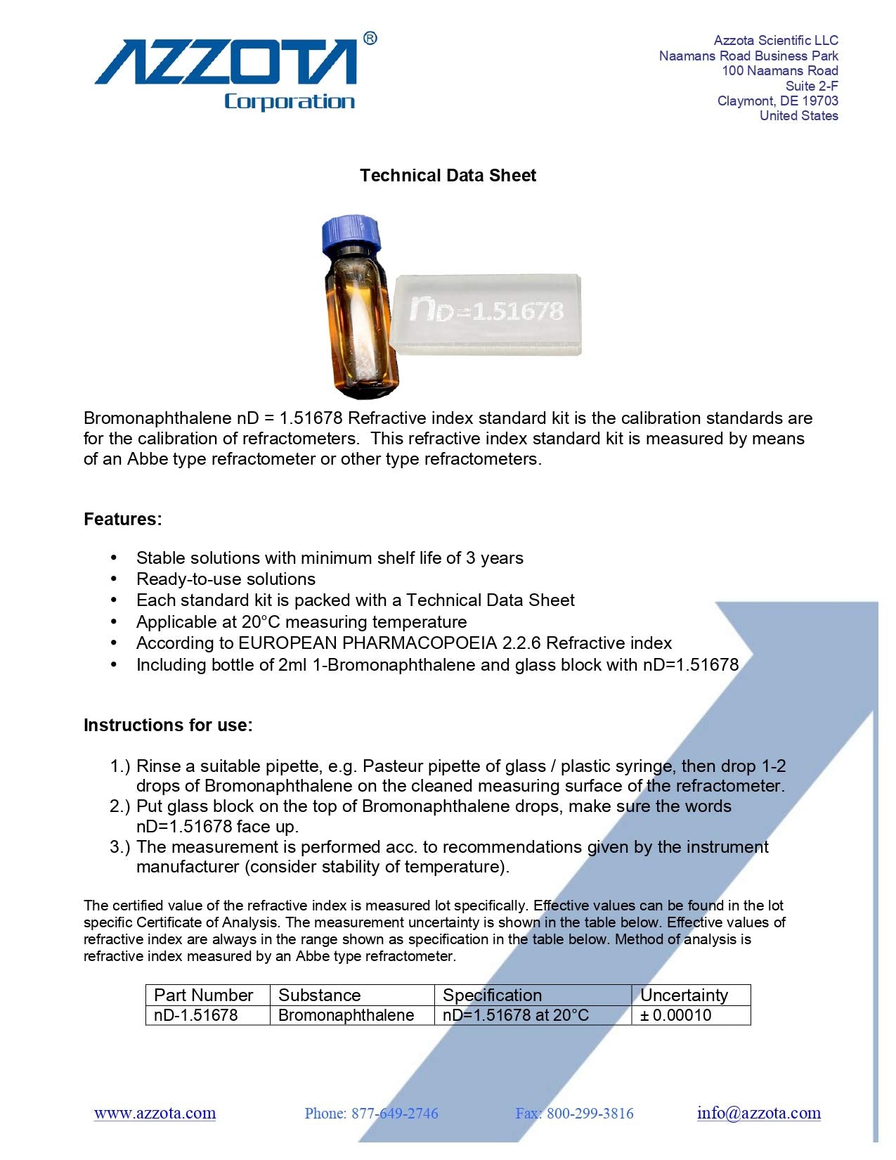 Azzota? Refractometer Calibration Kits, nD=1.51678 Bromonaphthalene