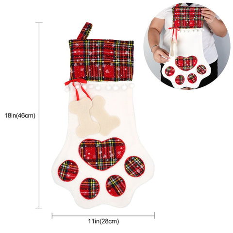 Red+Blue Paws Plaid Stockings Gift Bag for Christmas Decor Pet Paw Socks Xmas Tree Hanging Pendant