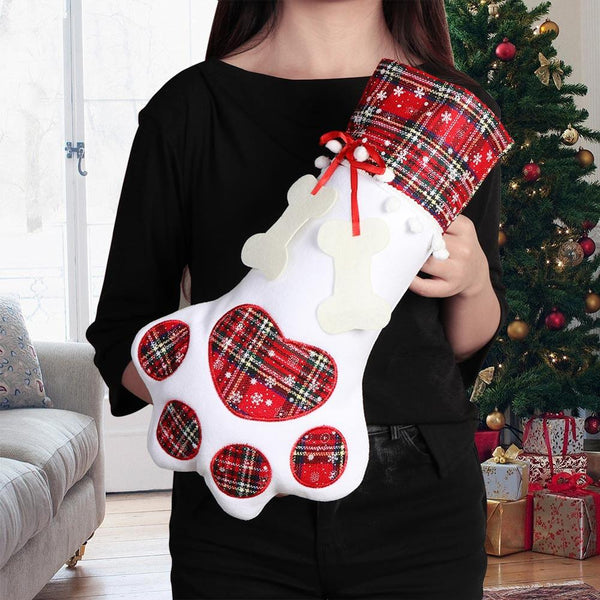 Red+Blue Paws Plaid Stockings Gift Bag for Christmas Decor Pet Paw Socks Xmas Tree Hanging Pendant