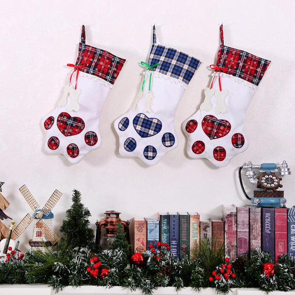Red+Blue Paws Plaid Stockings Gift Bag for Christmas Decor Pet Paw Socks Xmas Tree Hanging Pendant