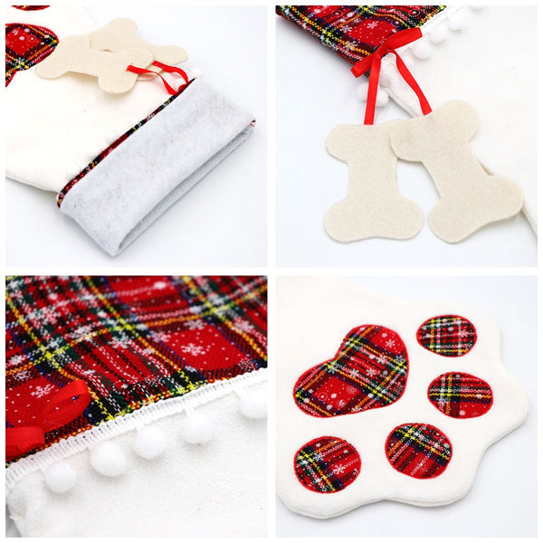 Red+Blue Paws Plaid Stockings Gift Bag for Christmas Decor Pet Paw Socks Xmas Tree Hanging Pendant