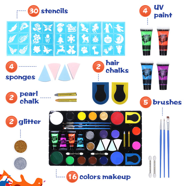 Face & Body Paint Kit for Kids, 16 Face Paints & 4 UV Glow Paint, 2 Glitters, 2 Hair Chalk