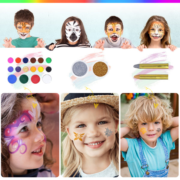 Kit di pittura per viso e corpo per bambini, 16 colori per il viso e 4 colori UV, 2 glitter, 2 gessetti per capelli