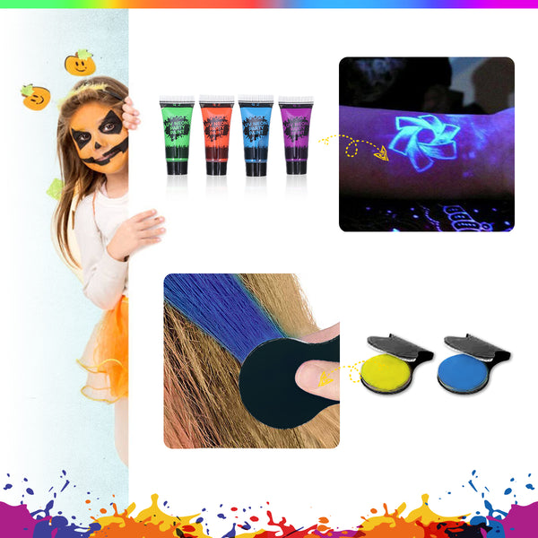 Face & Body Paint Kit för barn, 16 Ansiktsfärg & 4 UV glödfärg, 2 glitter, 2 hårkrita